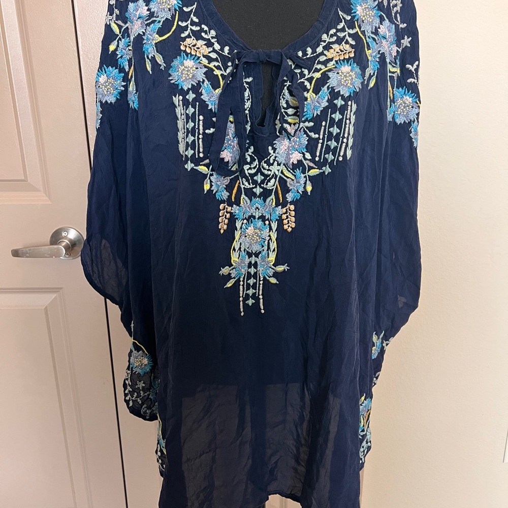 Johnny Was Navy Blue Floral Embroidered Blouse